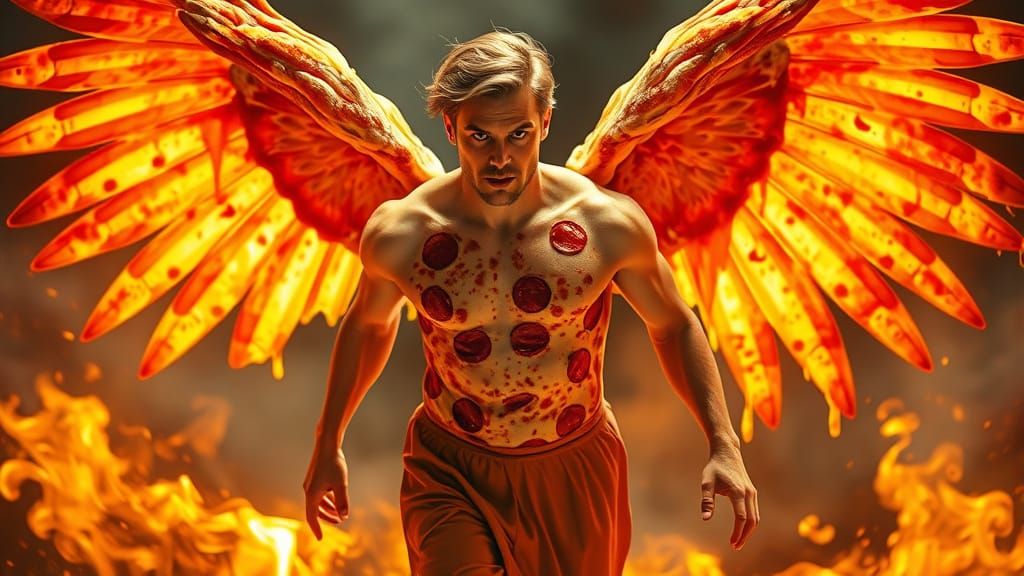 Pizza Angel in Fire with Tomato Sauce Swirls
