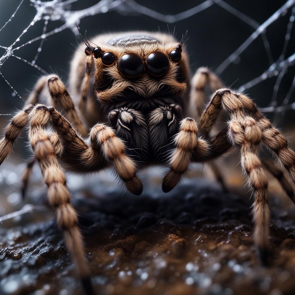 Majestic Fuzzy Wolf Spider in a Vibrant Web