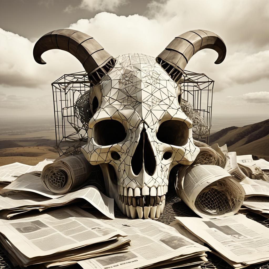 Vintage-Style Animal Skull Sculpture with Geometric Patterns