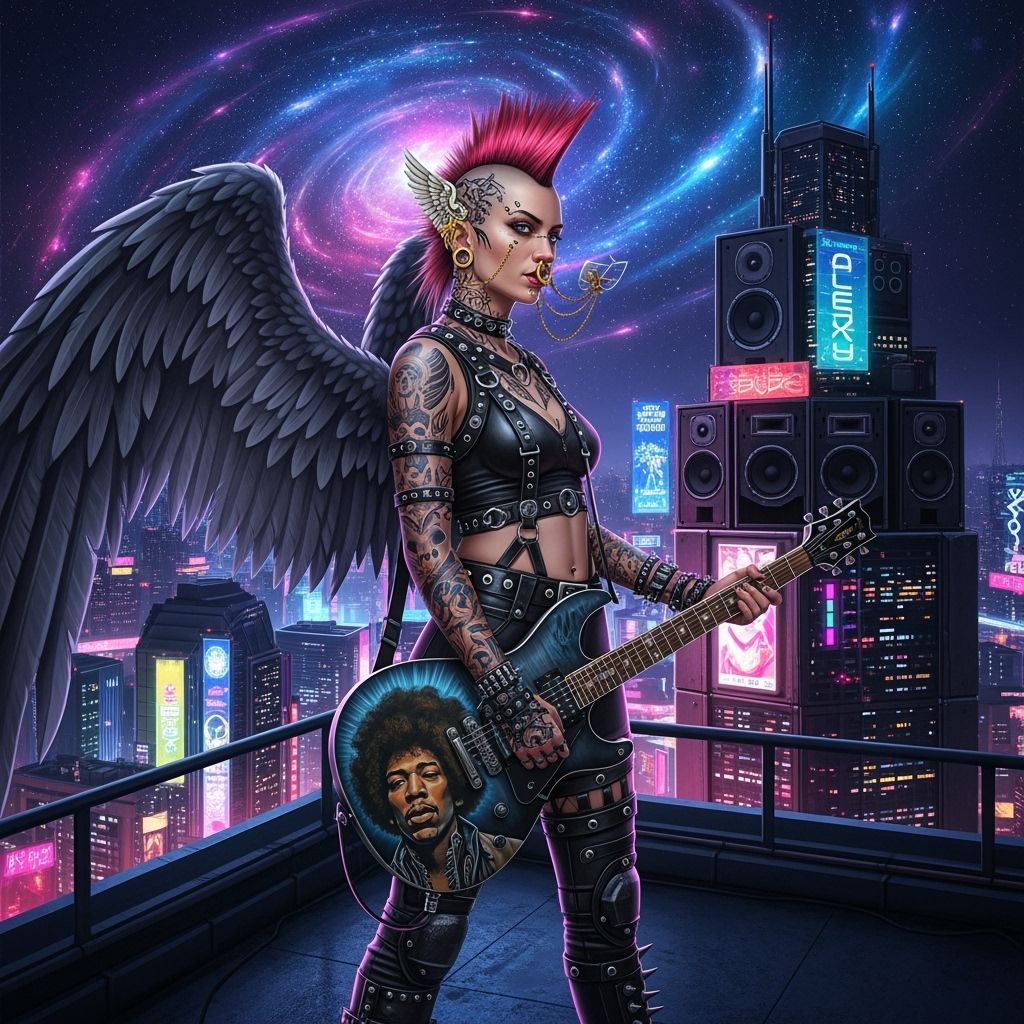 Cyber Angel Rocker on Skyscraper Rooftop