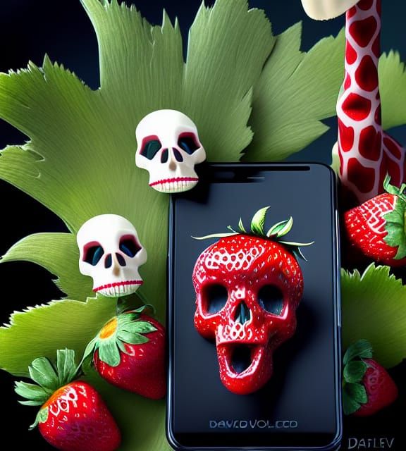 Giraffe in a Futuristic Desert with a Strawberry and Skull