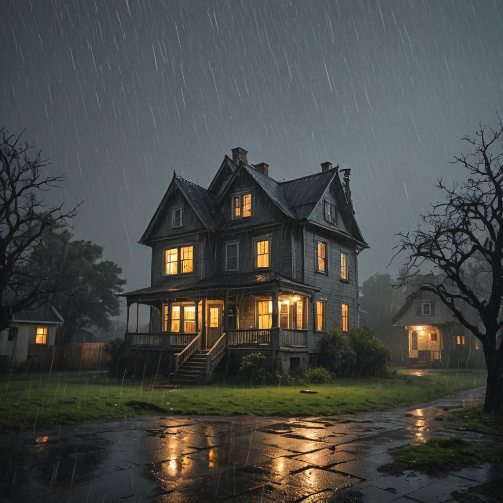 Surreal Rainy Night Scene of a Haunted Mansion