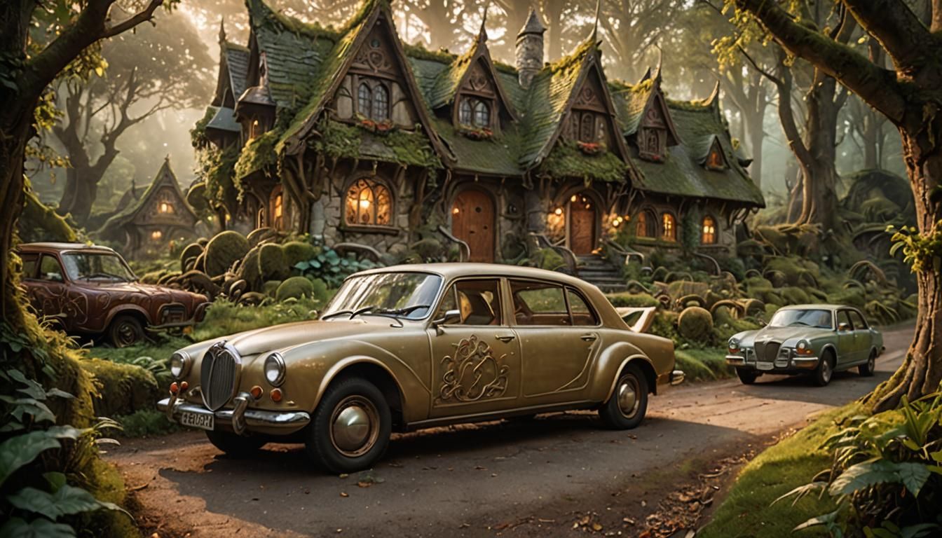 Elven Cars Parked in Enchanted Forest