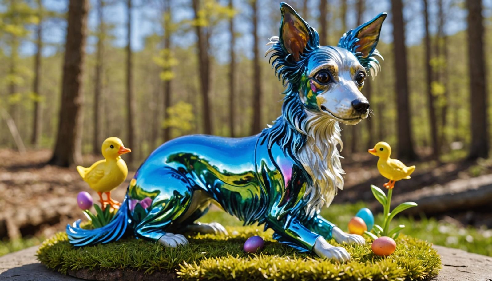 Vibrant Easter Fantasy with Crested Dog and Duckling