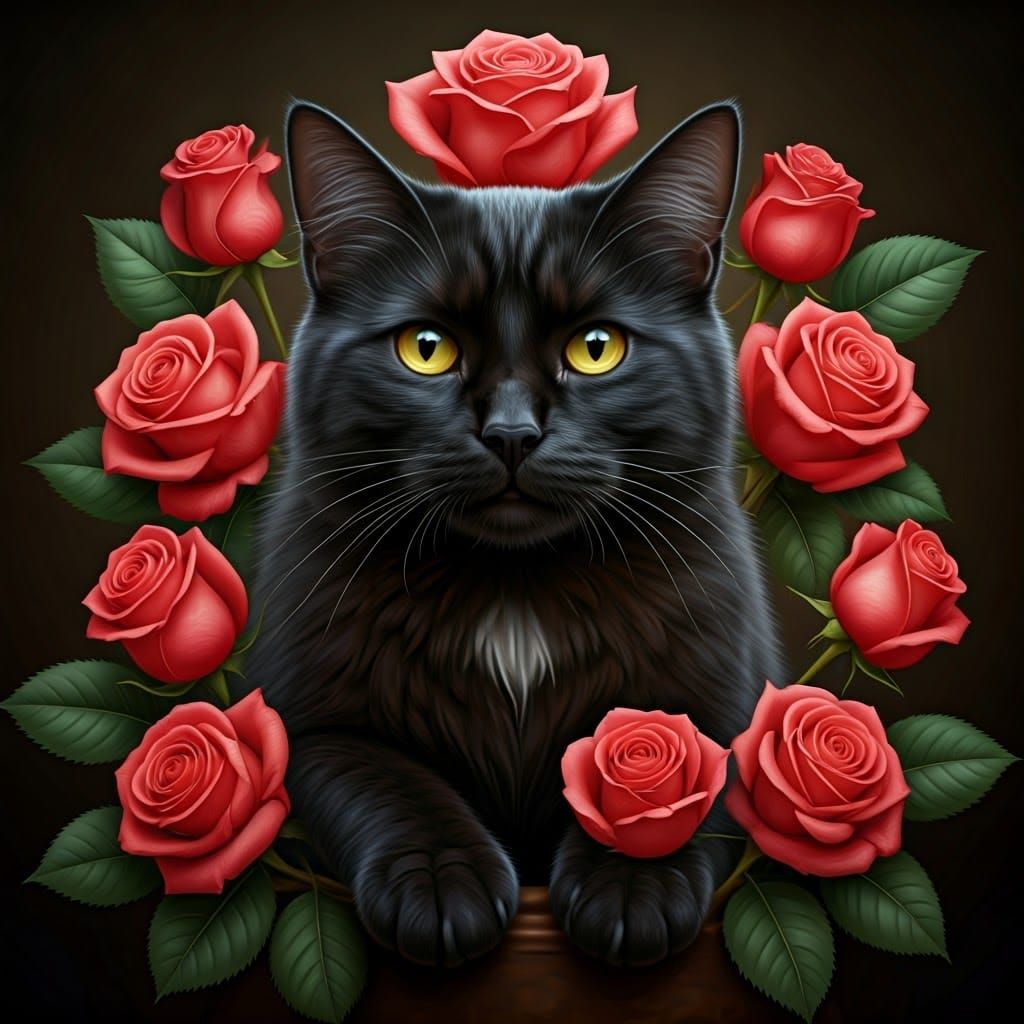 Mysterious Black Cat Amidst Blooming Roses