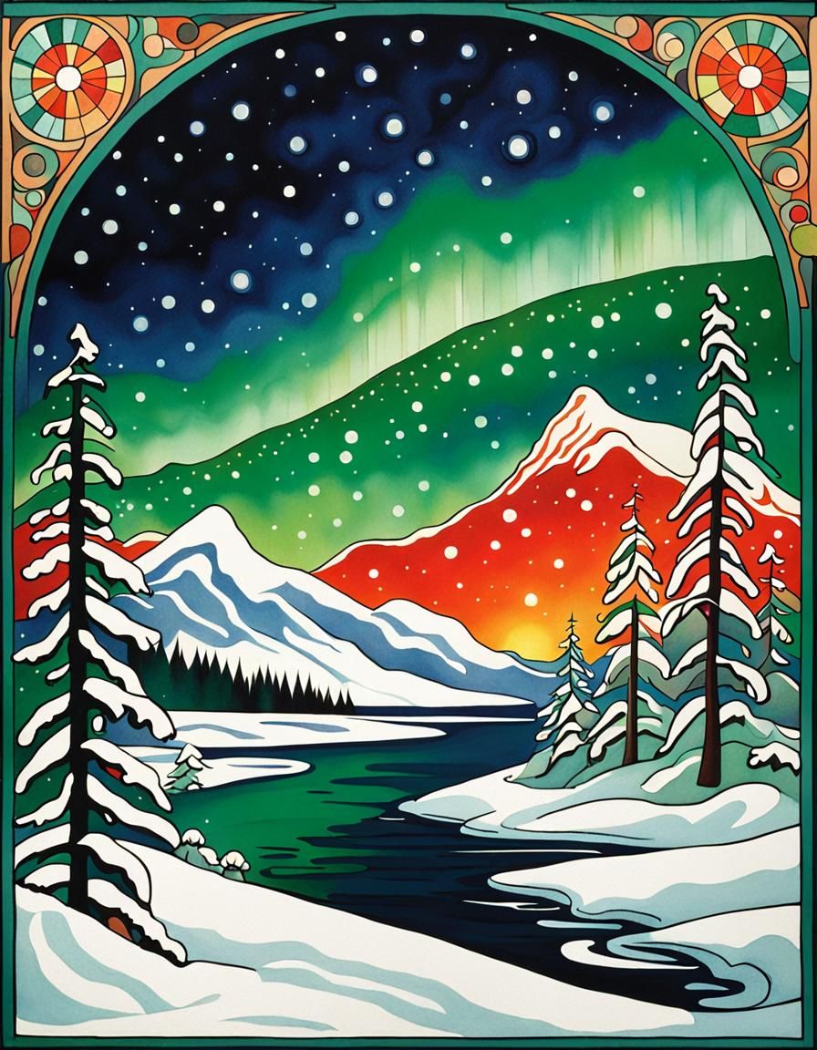 Surreal Northern Lights in Art Nouveau Style