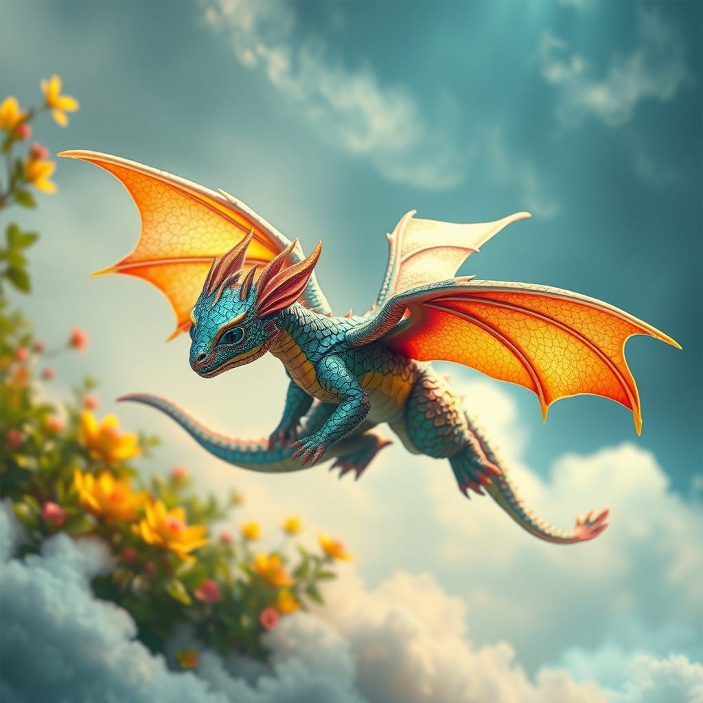 Whimsical Dragon Soars in Emerald Skies
