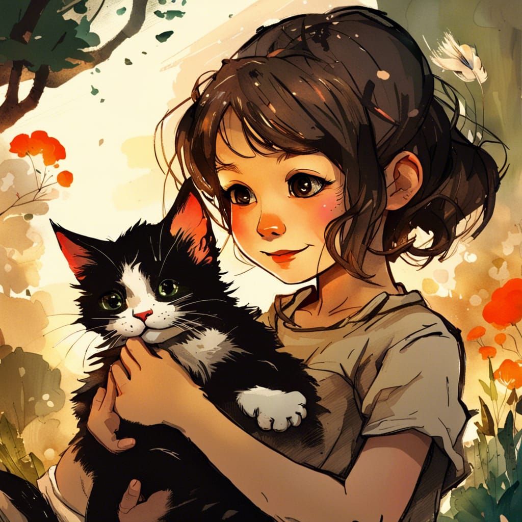 Young Girl holds a Kitten in a Vibrant Garden Scene