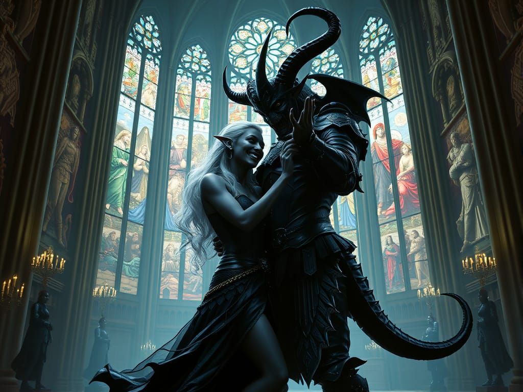 Dark Elf Woman Dancing with Demon in Cathedral