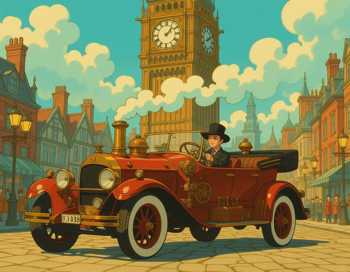 Steampunk Car in Victorian City, Ghibli Style