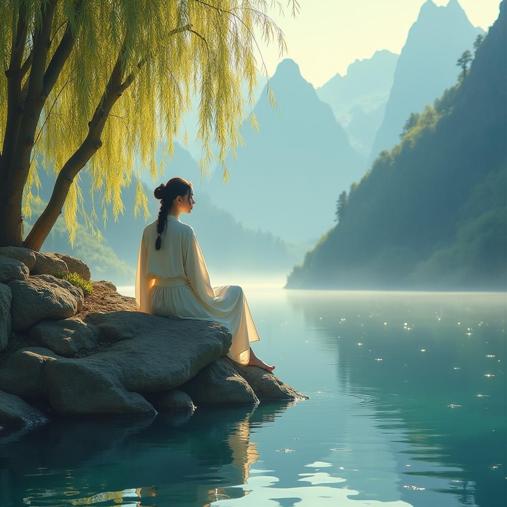 Ethereal Woman basks in Zen Serenity amidst Majestic Mountai...