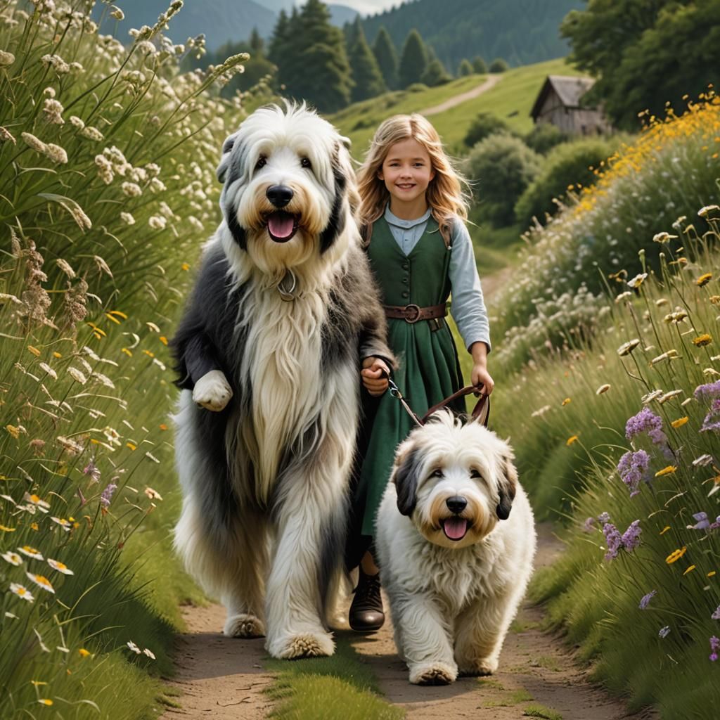 Realistic Old English Sheepdog Portrait with Young Girl in a...