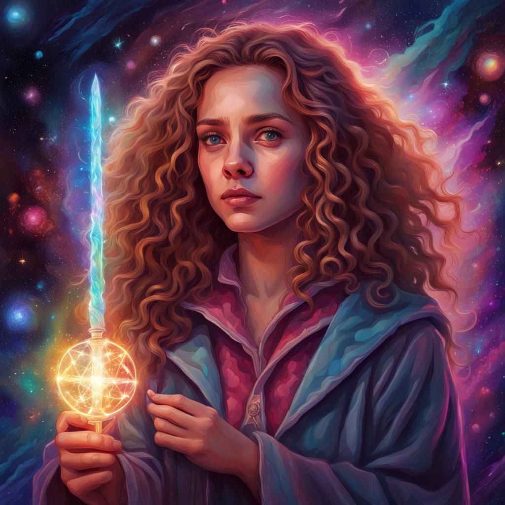 Hermione Stands Amidst Celestial Whispers in Cosmic Mixed Me...