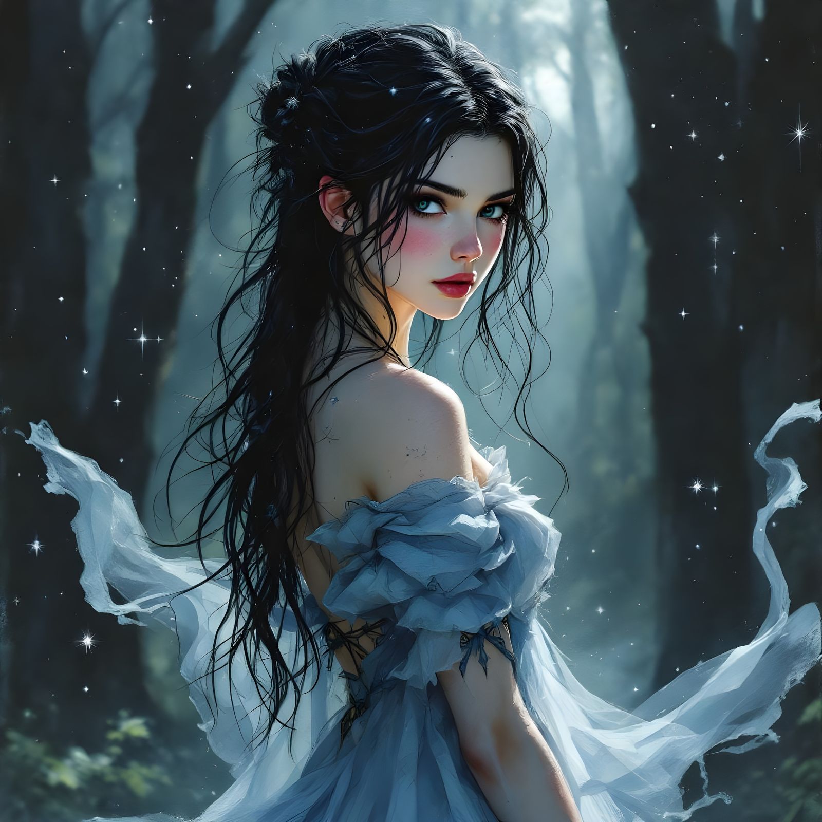 Norse Goddess Portrait in Forest, Mixed Media Style