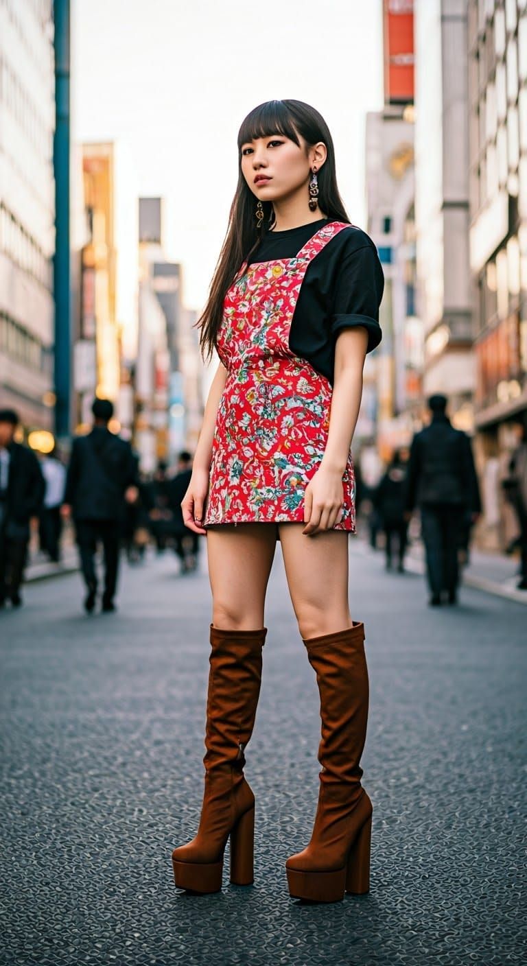 Japanese woman in Harajuku-style wear and knee-high boots