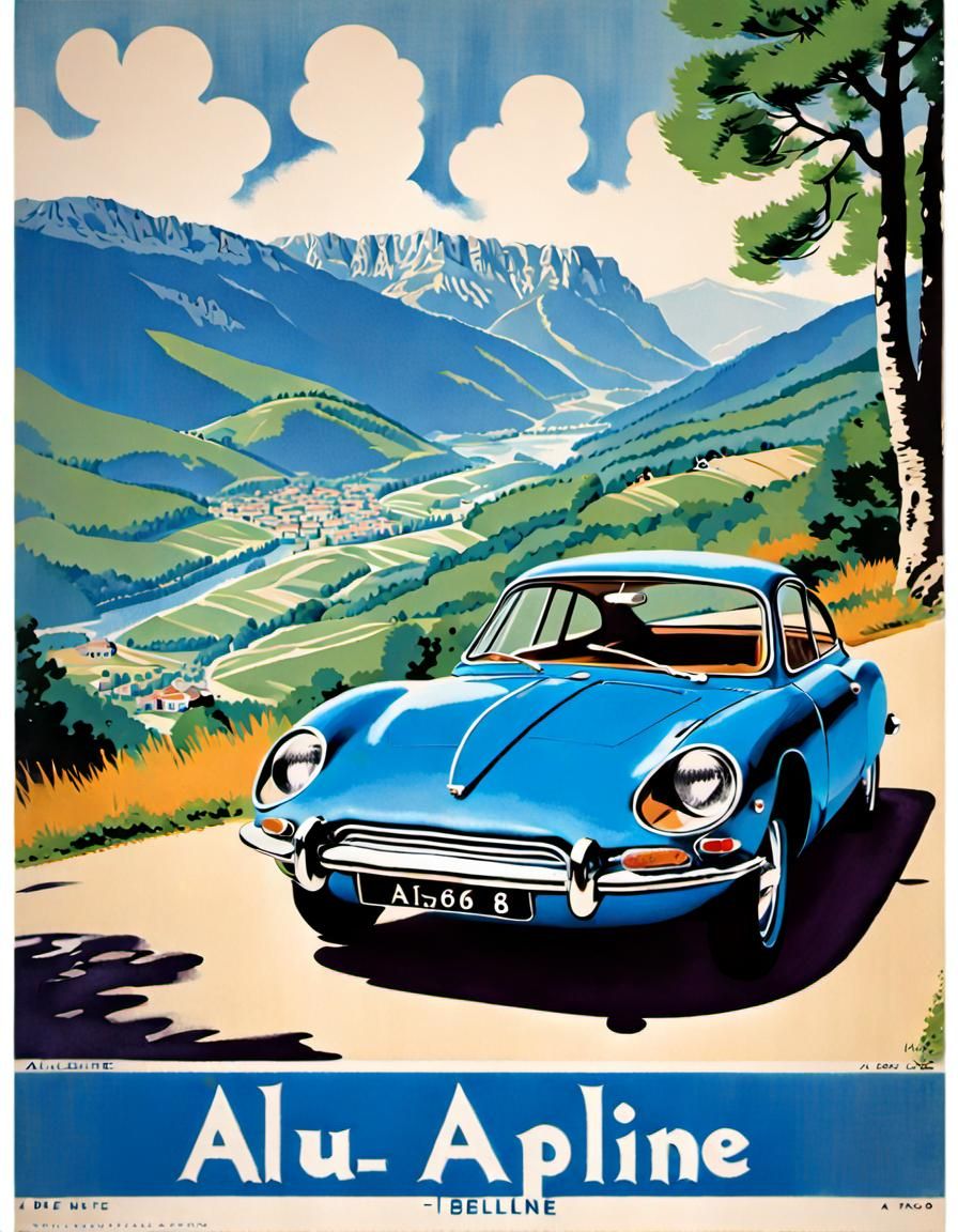 Vintage Blue Alpine Car Cruises the French Countryside