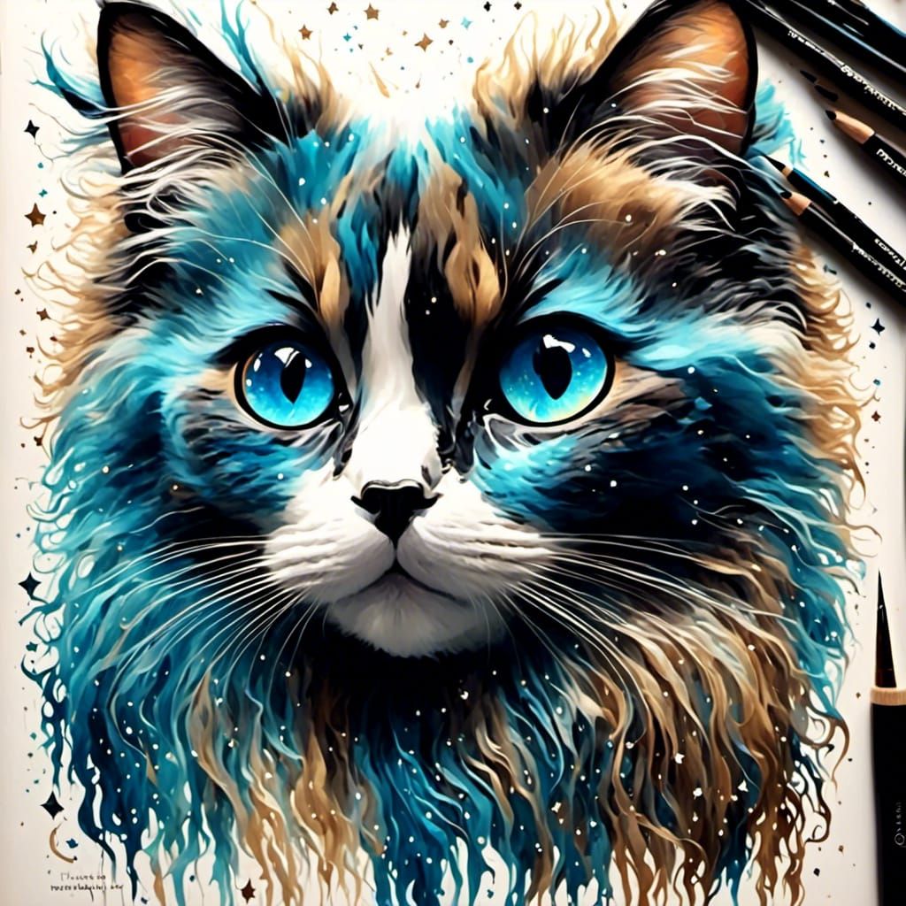 realistic portrait, stunning, high quality, ragdoll cat, <lora:Cute Animals:1.0> electric blue eyes, cosmic arcs, waterc...