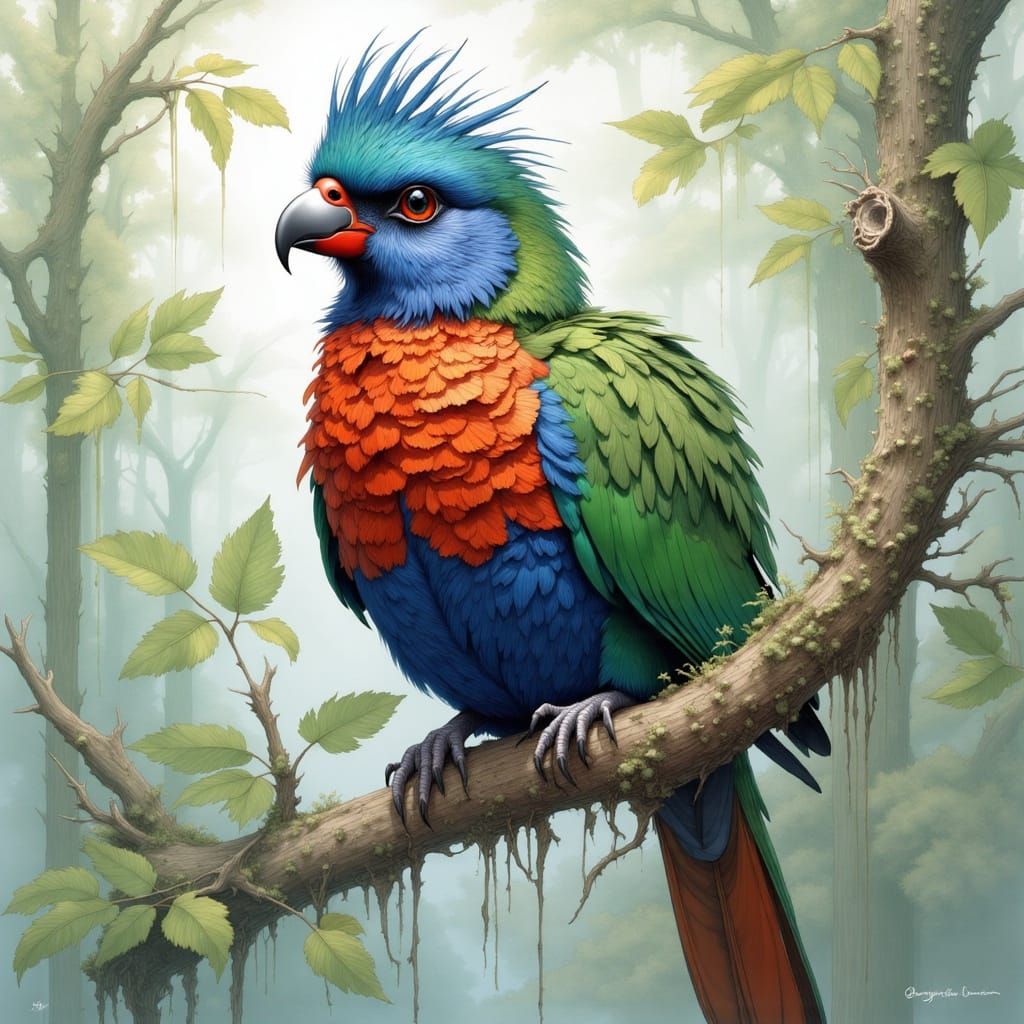<lora:TwigsV2:1.0> Quetzal Bird on a branch
