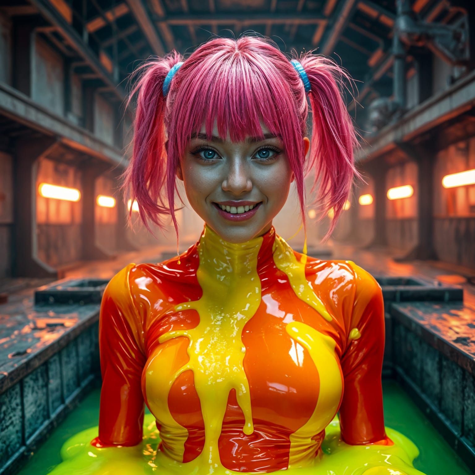 Futuristic Pop Star Drenched in Yellow Slime in Abandoned Fa...