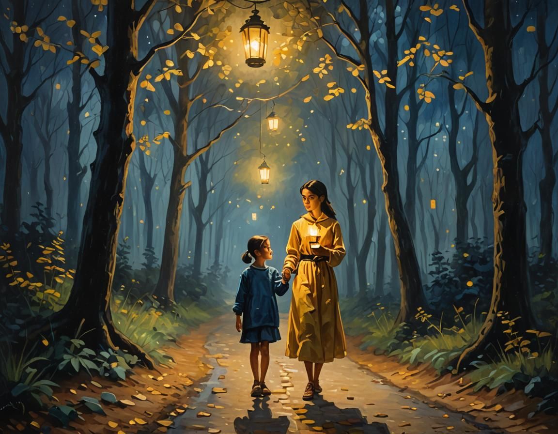 Impressionist Nocturne of a Lone Figure in the Forest