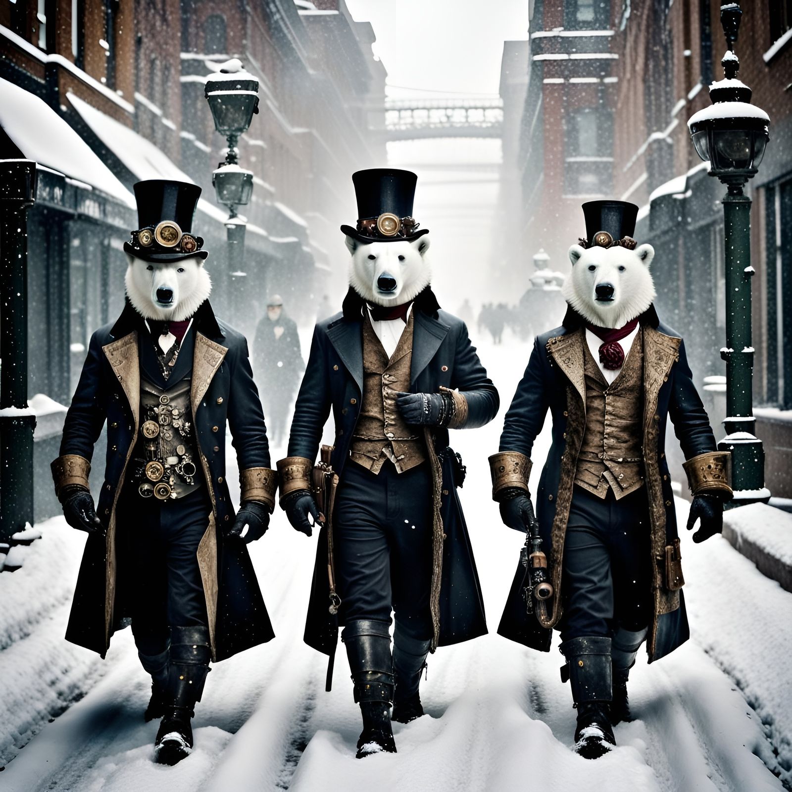 Steampunk Musketeers in Dark Ambient Winter Cityscape