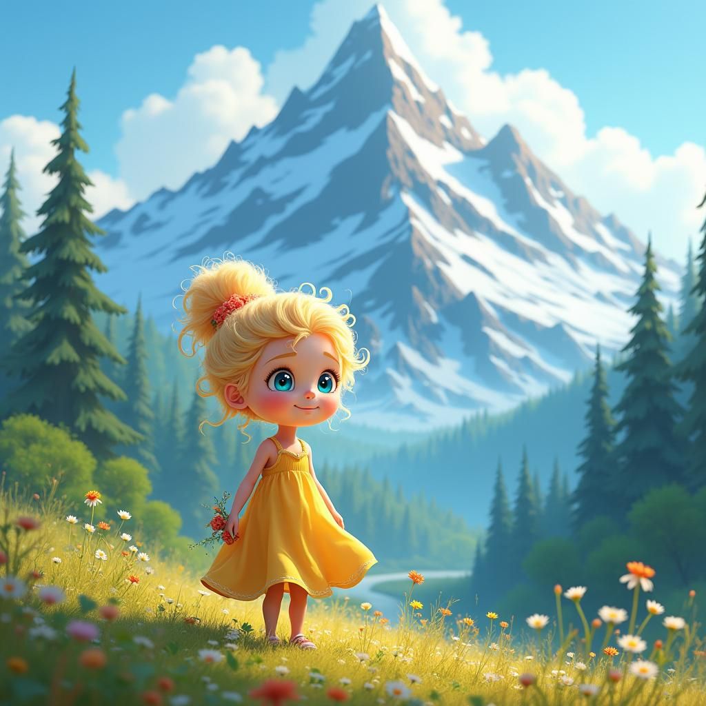 Whimsical Cartoon Girl Before Ancient Mountain