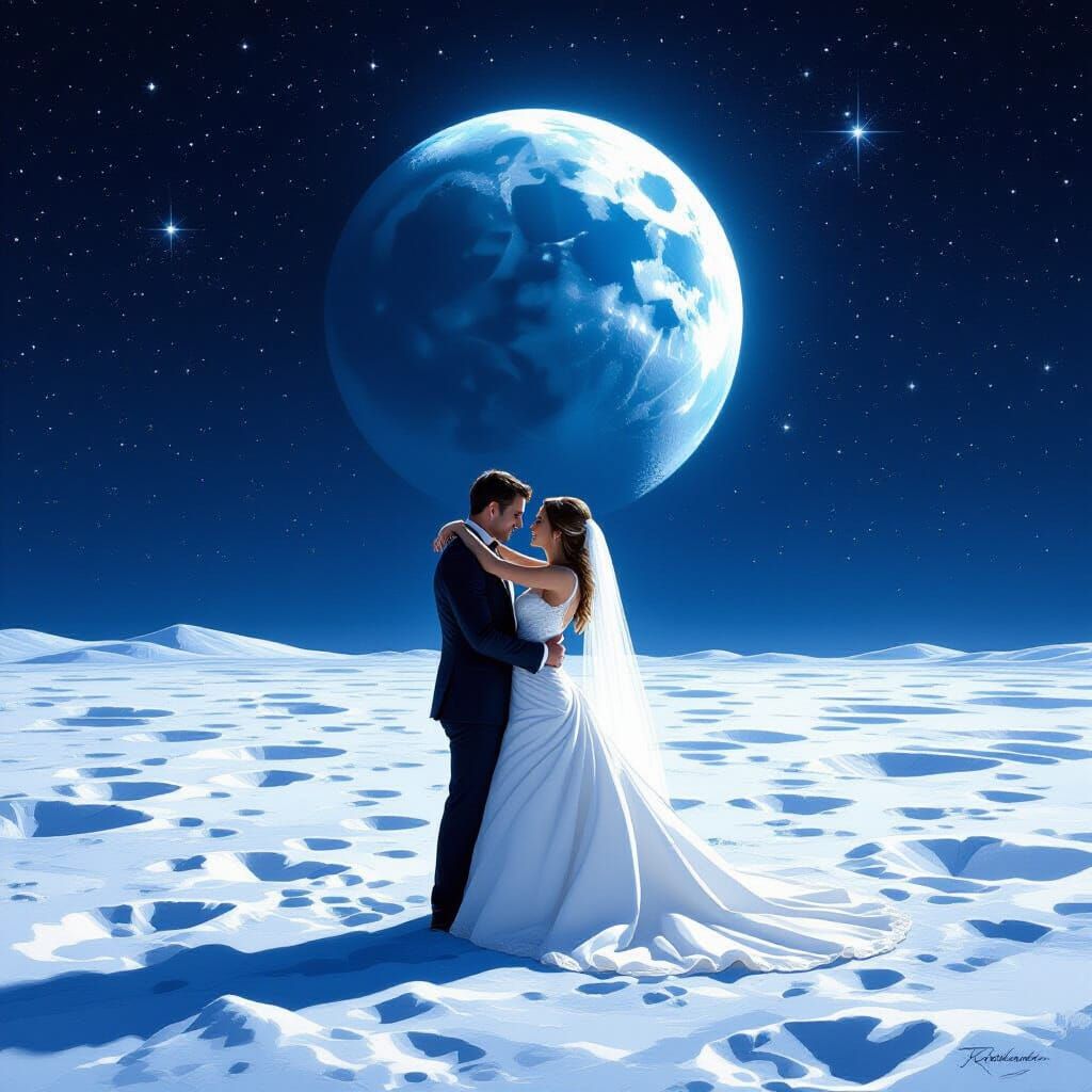 Newlyweds Embrace on Moon, Earth Visible in Sky