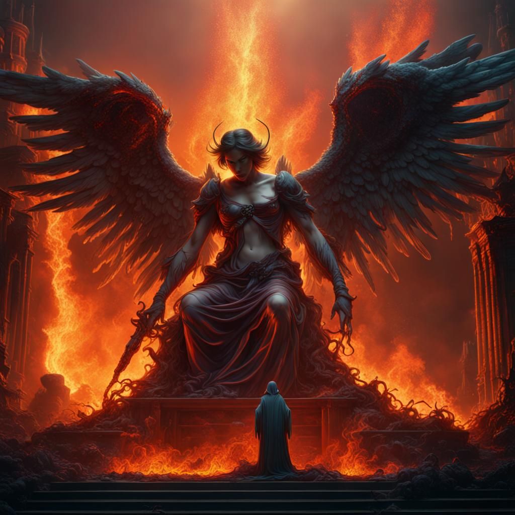 Ethereal Angel Descends into Hell in Vibrant Fantasy Art