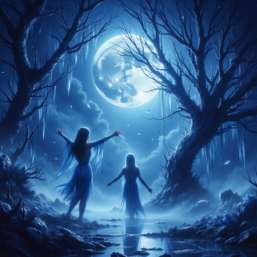 Dreamy Moonlit Landscape with Indigo Roses