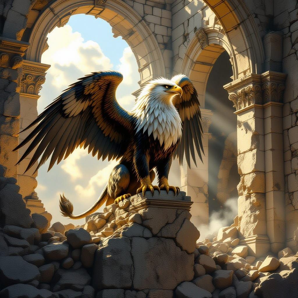 Majestic Griffin on Ancient Ruins in Dramatic Light