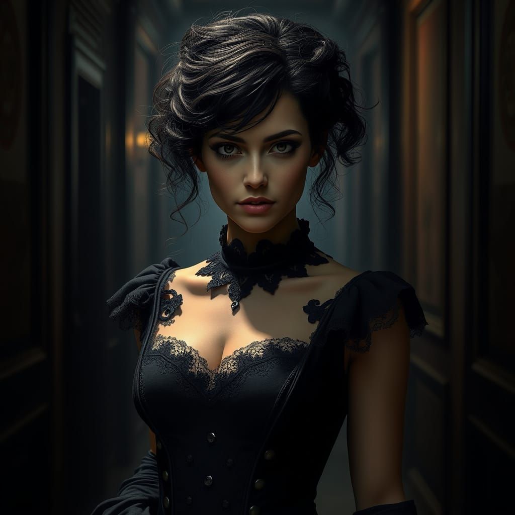Mysterious Victorian Siren in a Haunted Corridor