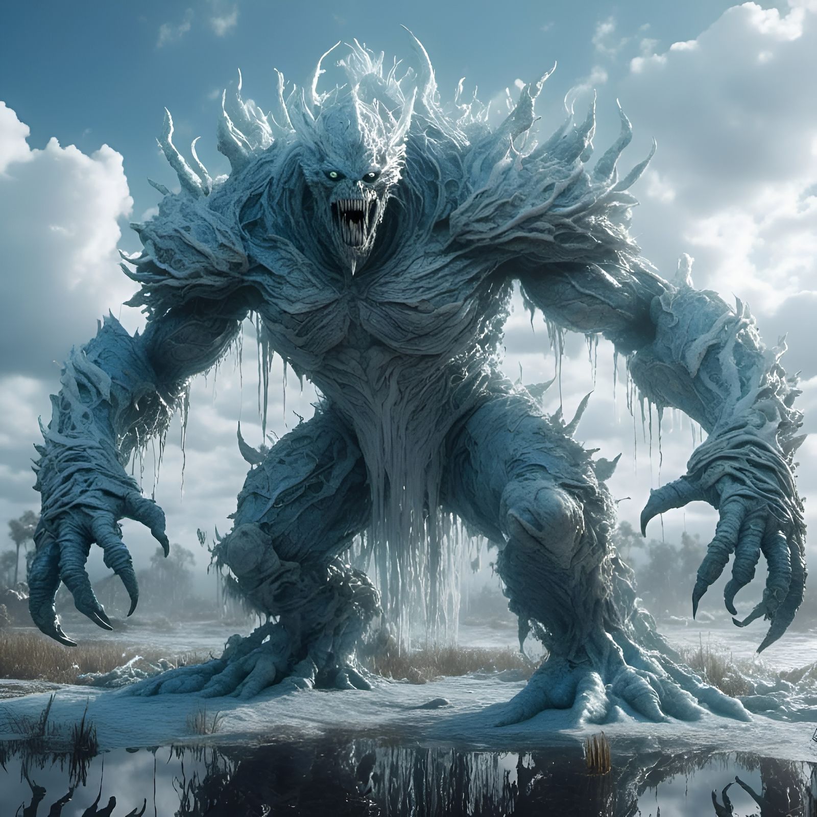 Cinematic Swamp Warrior in Pastel Sky-Blue Frost