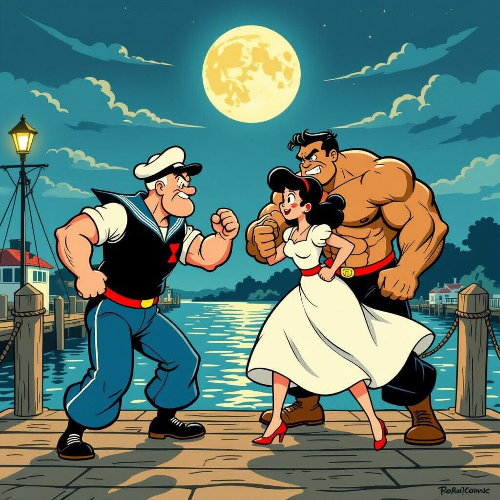 Popeye and Brutus Fight for Olive Oyl Illustration