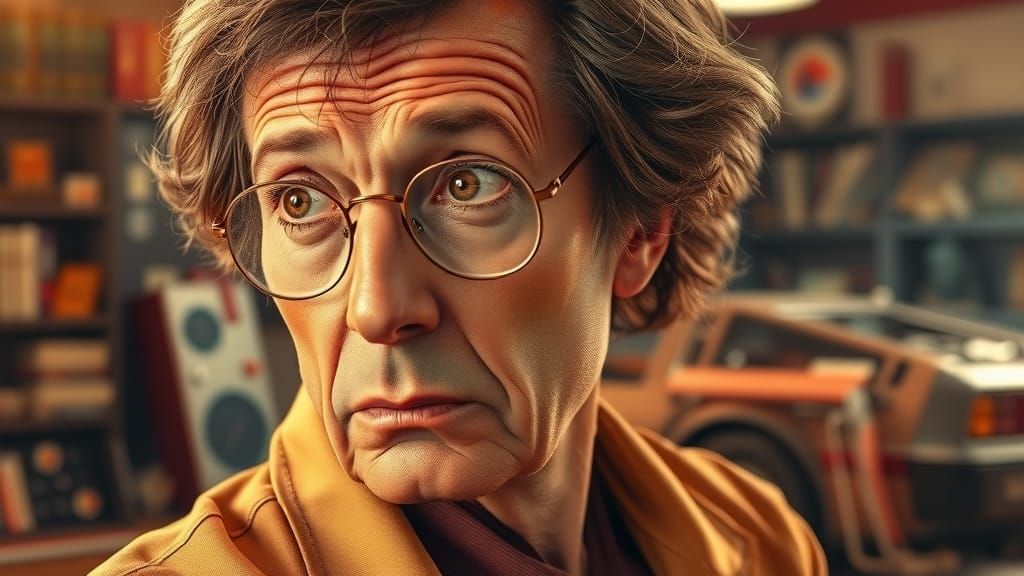 Emmett Brown's Surprising Gaze Backed by a Sleek DeLorean