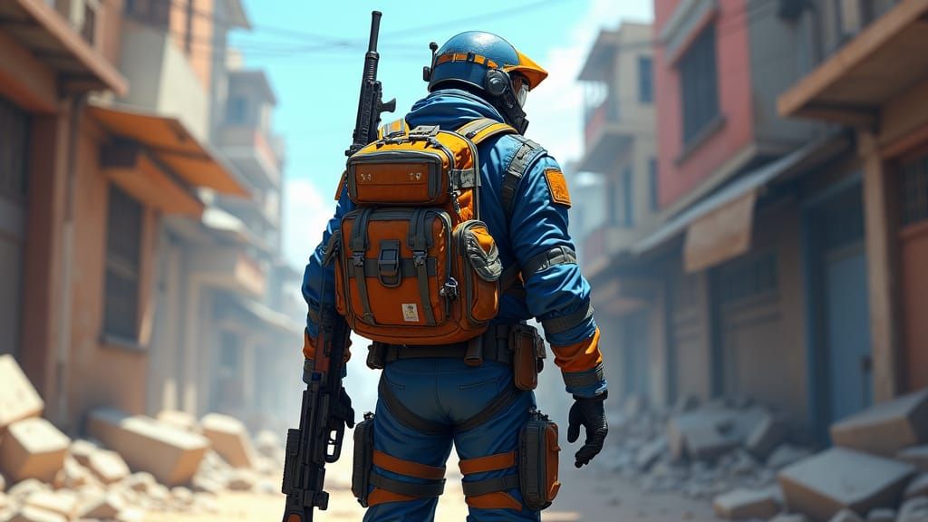 Cyberpunk Soldier in Post-Apocalyptic Urban Landscape