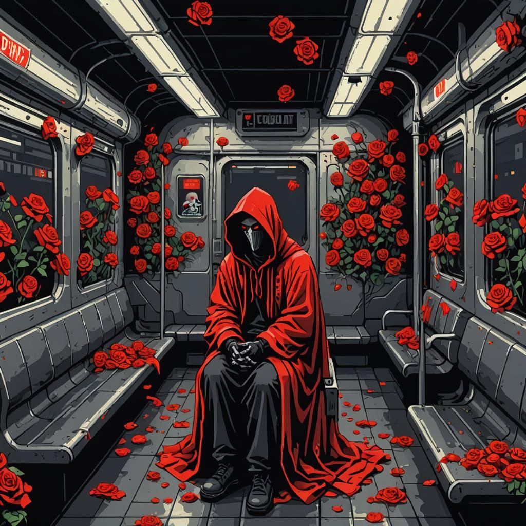 Lone Figure Lost in Thought on a Haunted Subway Car in Pixel...