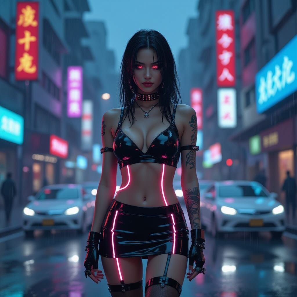 Cybernetic Seductress in Rain-Soaked Cyberpunk Cityscape