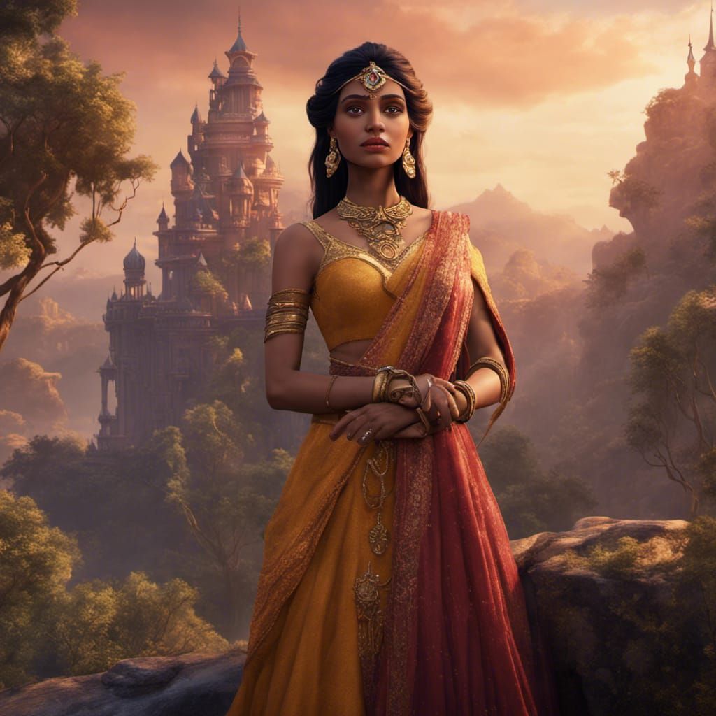 Ethereal Indian Princess in Vibrant Fantasy Realm