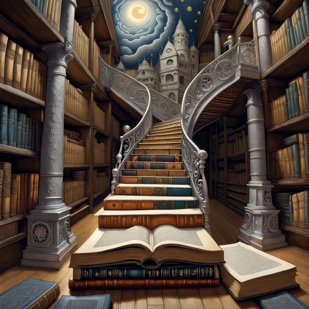 Surreal Library Staircase in Intricate Hyperdetailed Paintin...