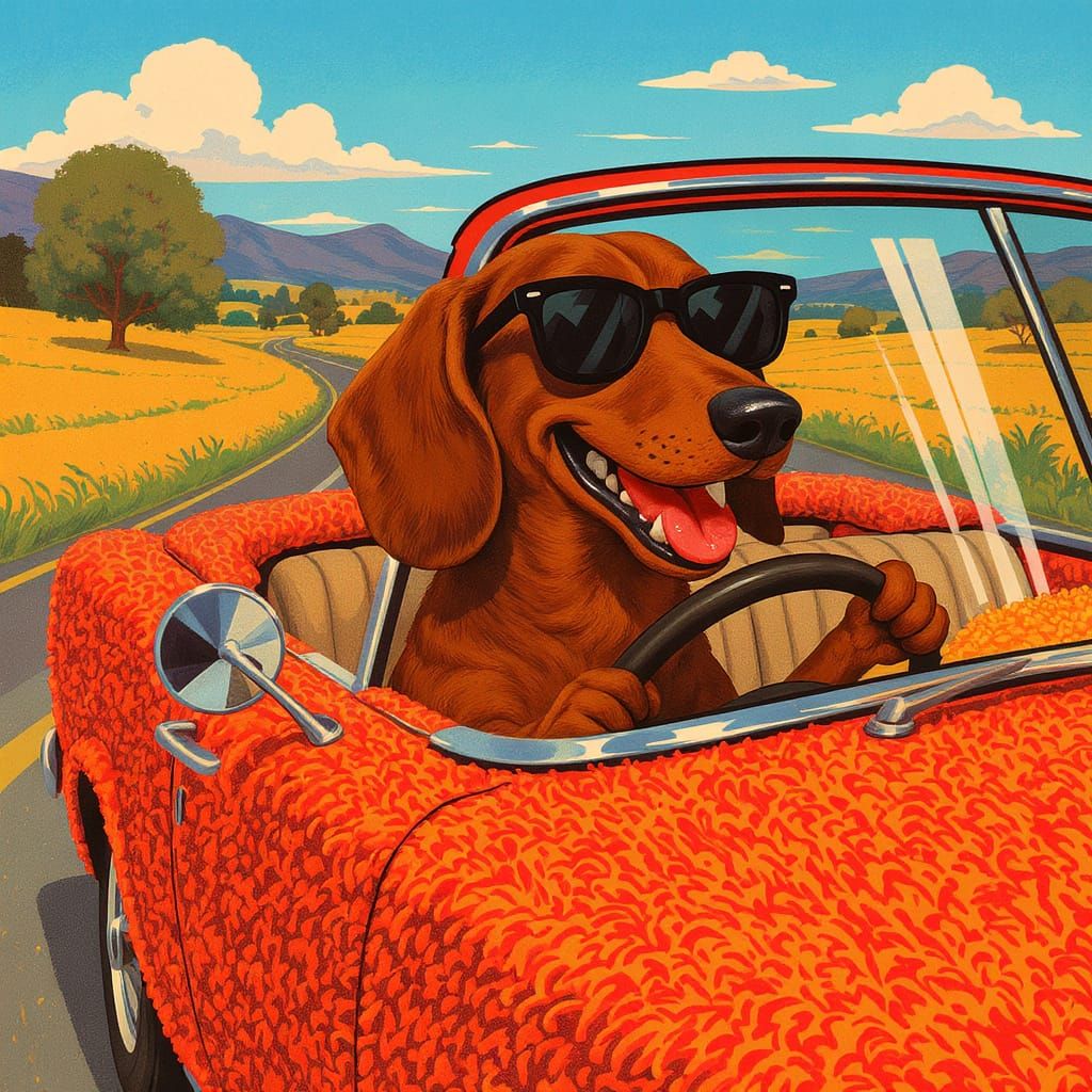 Dachshund Drives Shag Car in Retro Illustration