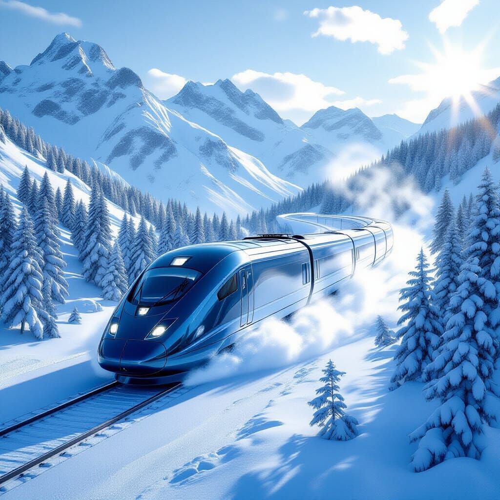 Water Train Gliding Through Snowy Mountains