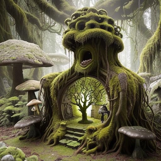 Weathered Stone Monument with Mushroom Grotto in Enchanted W...