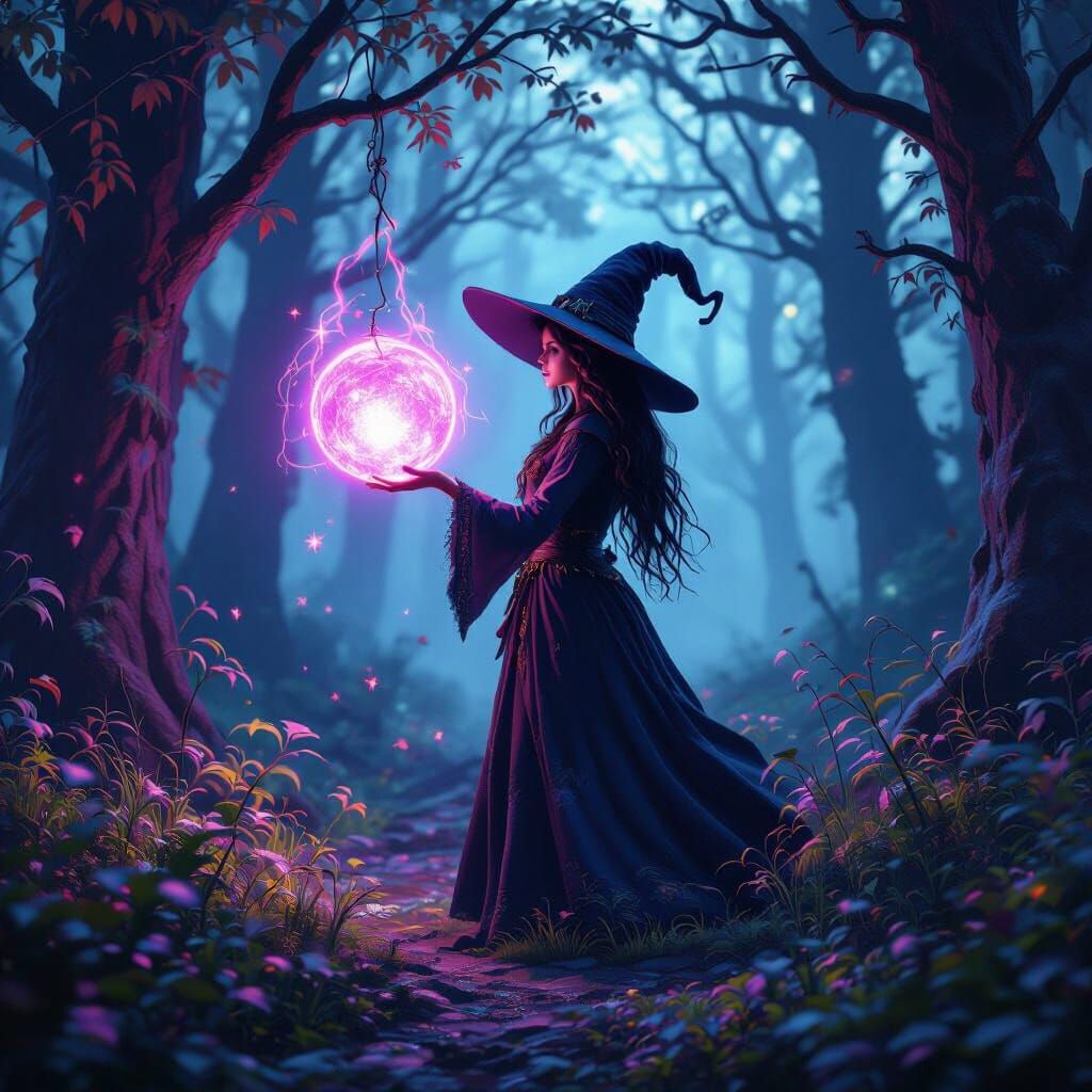 Witch in Fairytale Forest with Magical Orb