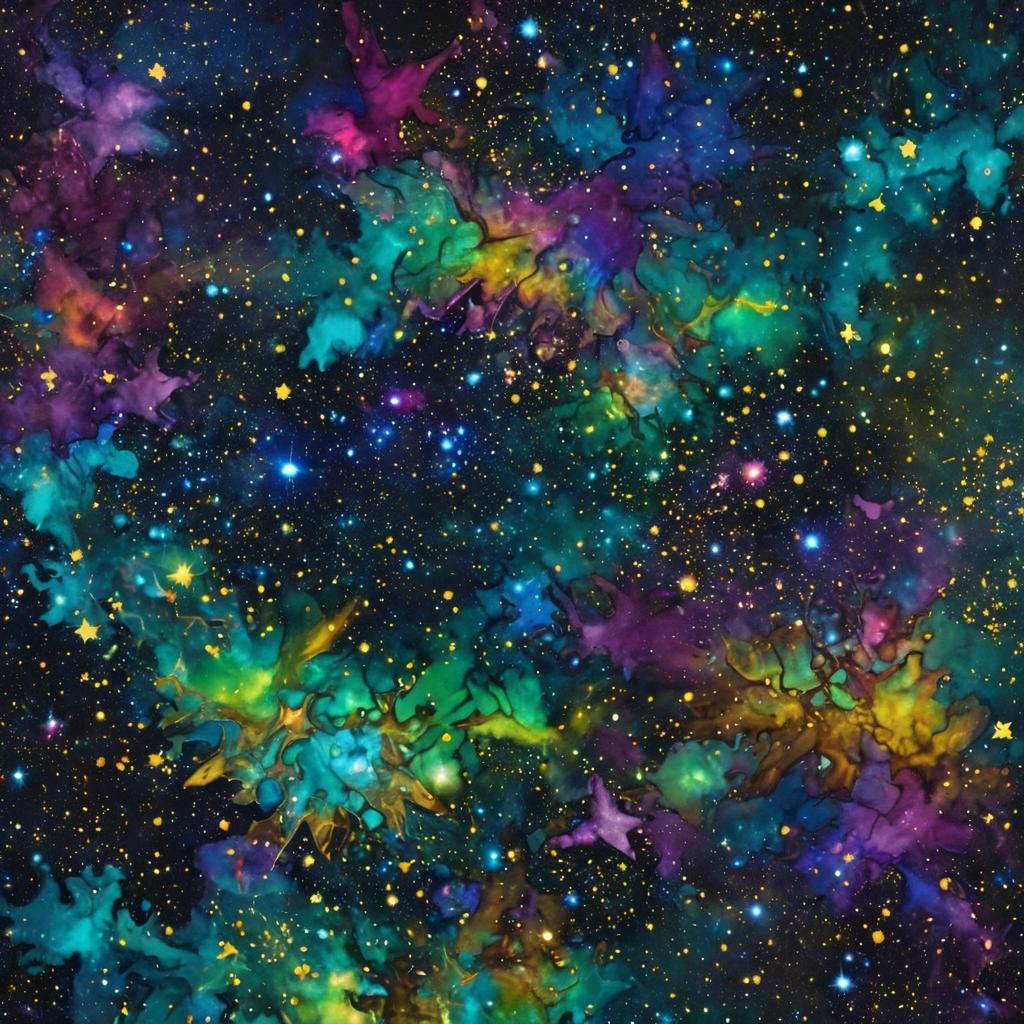 Cosmic Alcohol Ink Dreamscapes of Celestial Families in Harm...