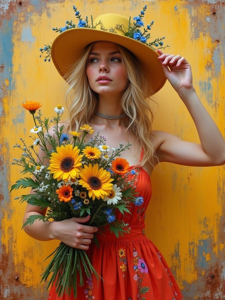 Woman with Wildflowers: Abstract Expressionist Portrait