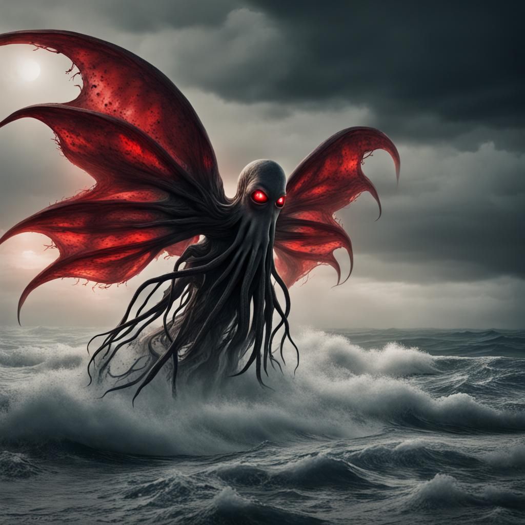 A cosmic entity,a massive  human body, squid head,6 glowing red eyes and giant wings rising out of a rough sea as depict...