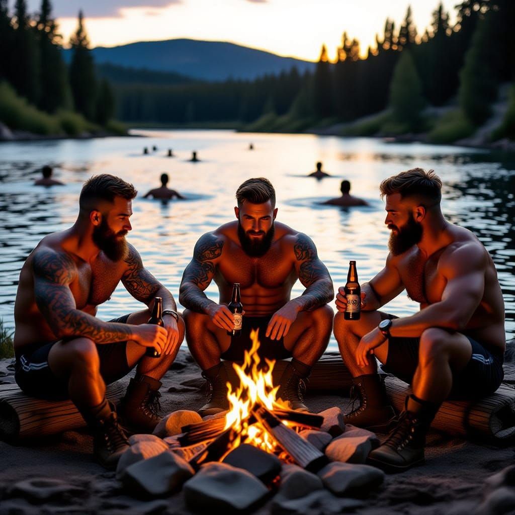 Muscular Men Relaxing by Campfire at Dusk