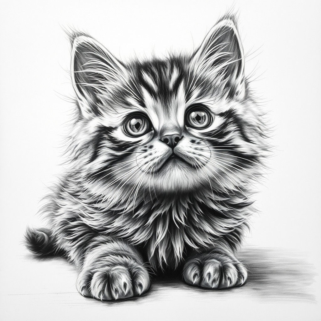 Youthful Tabby Kitten Studies Floor in Intricate Charcoal Dr...