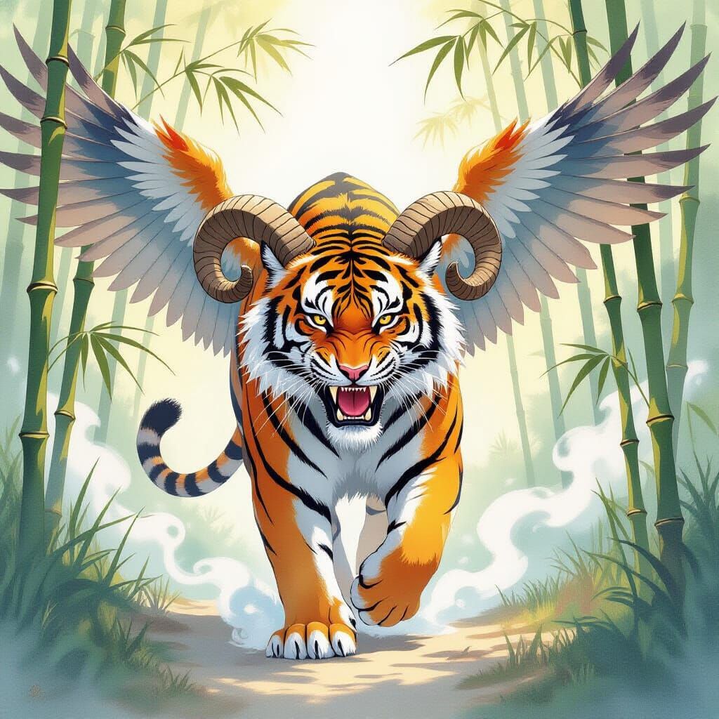 Terrifying Winged Tiger Roars in Misty Bamboo Forest