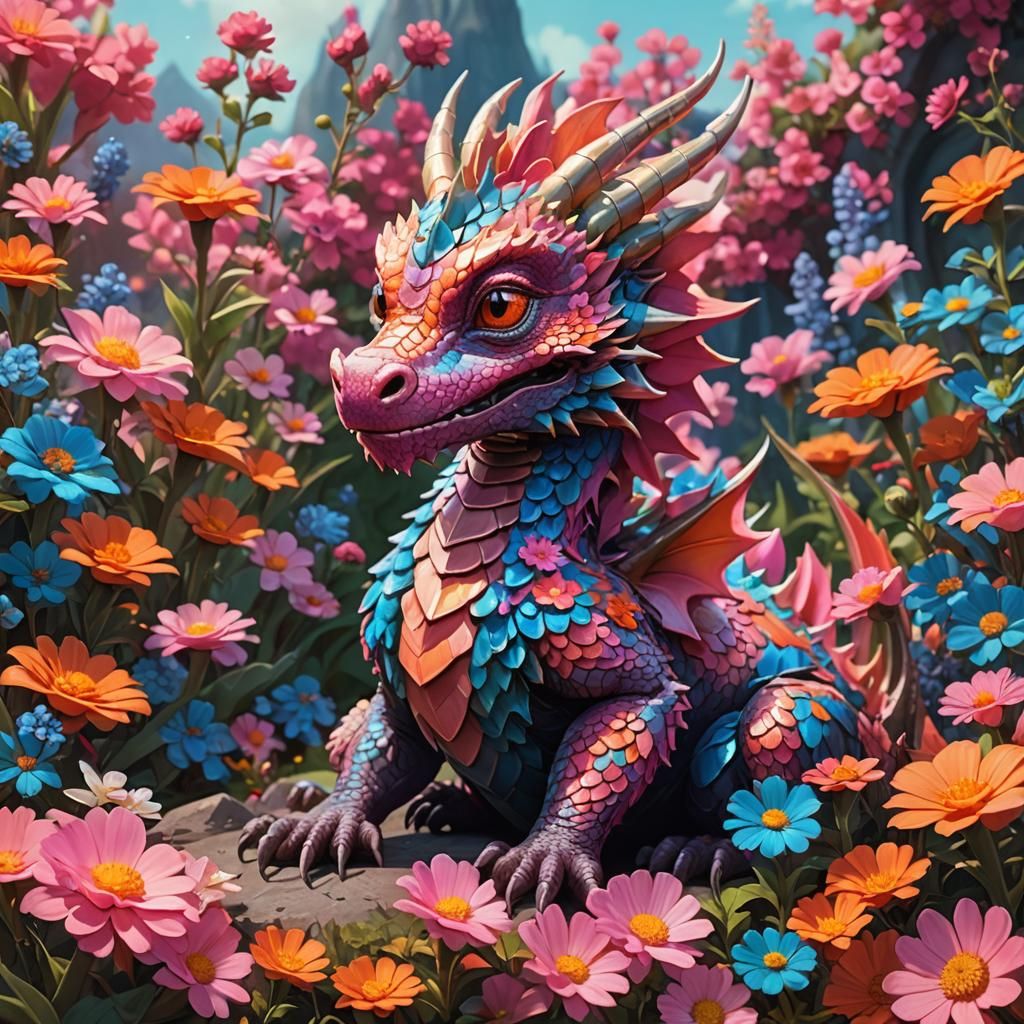 Surreal Fantasy Dragon amidst Vibrant Blooms